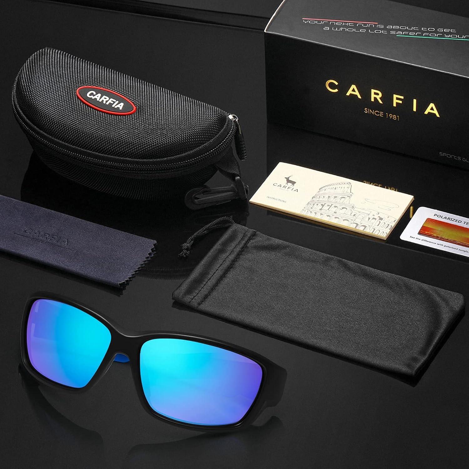 imageCARFIA Polarized Sport Sunglasses for Men Cycling Fishing Running Golf Baseball Glasses Unbreakable Imported TR90 FrameA1 Matte Black Frame Blue Mirror