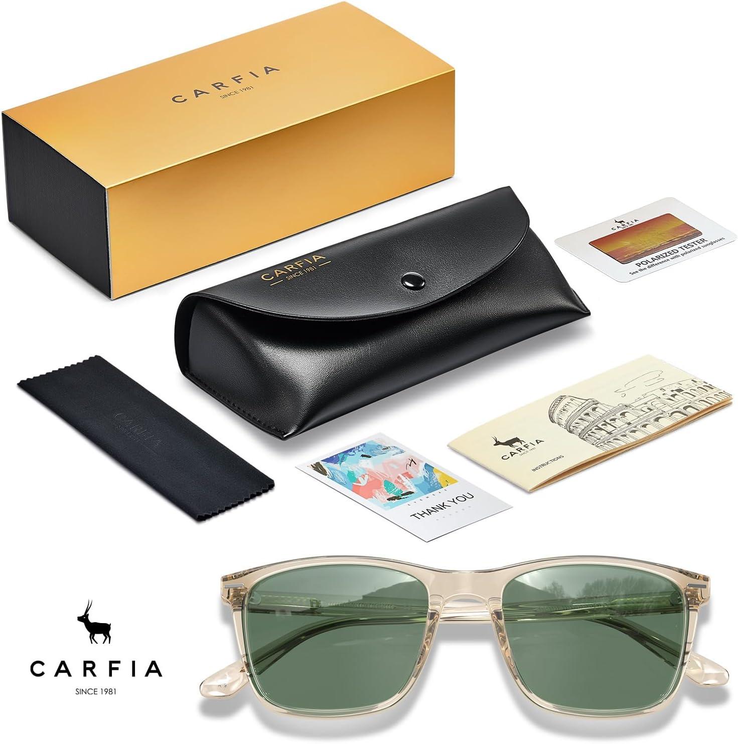 imageCARFIA Rectangle Polarized Sunglasses for Men UV400 Protection Narrow Face Lightweight Acetate Driving Glasses4transparent Green Lenses