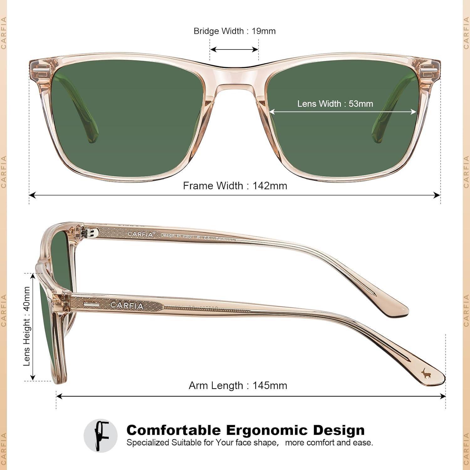imageCARFIA Rectangle Polarized Sunglasses for Men UV400 Protection Narrow Face Lightweight Acetate Driving Glasses4transparent Green Lenses