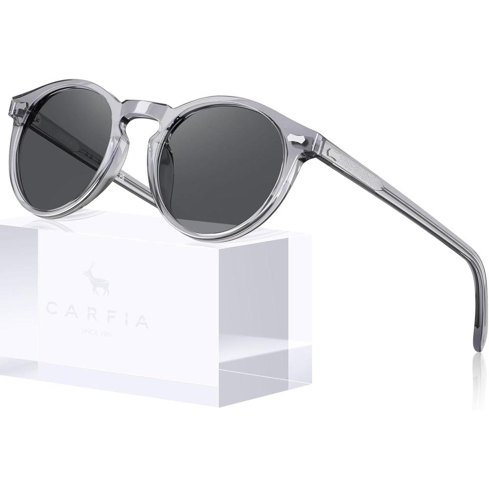 imageCARFIA Acetate Polarized Sunglasses for Men Retro Classic Round Shades3 Transparent Grey Frame Grey Lens