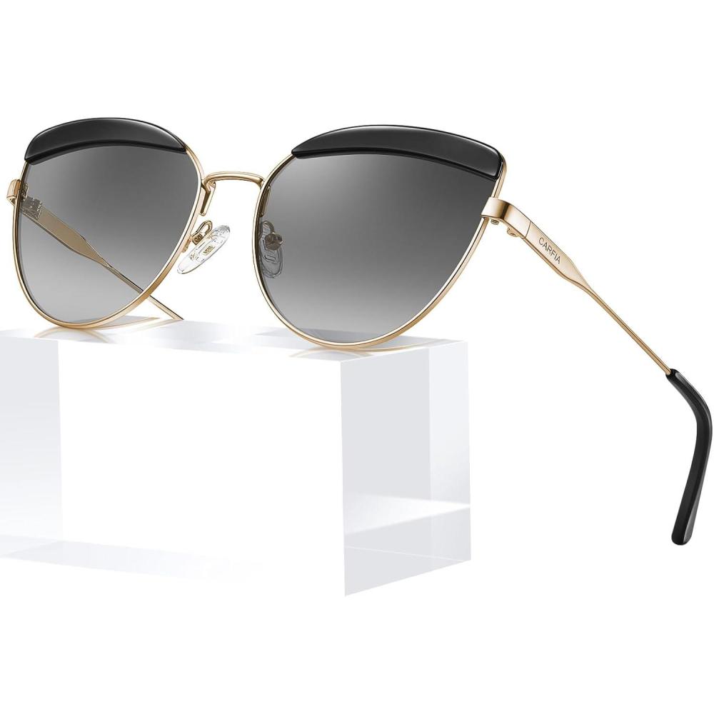 imageCARFIA Matal Acetate Cateye Polarized Sunglasses for Women UV Protection CA5382Black Frame Gradient Grey Lens
