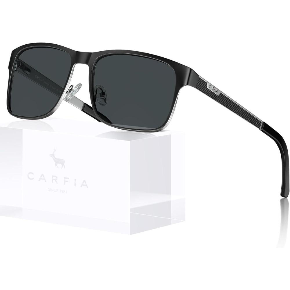 imageCARFIA Metal Mens Sunglasses Polarized  UV400 Protection Cool Shades with Grid Pattern ampamp Leather Case CA5223B Matte Black  Silver Frame Gray Lens