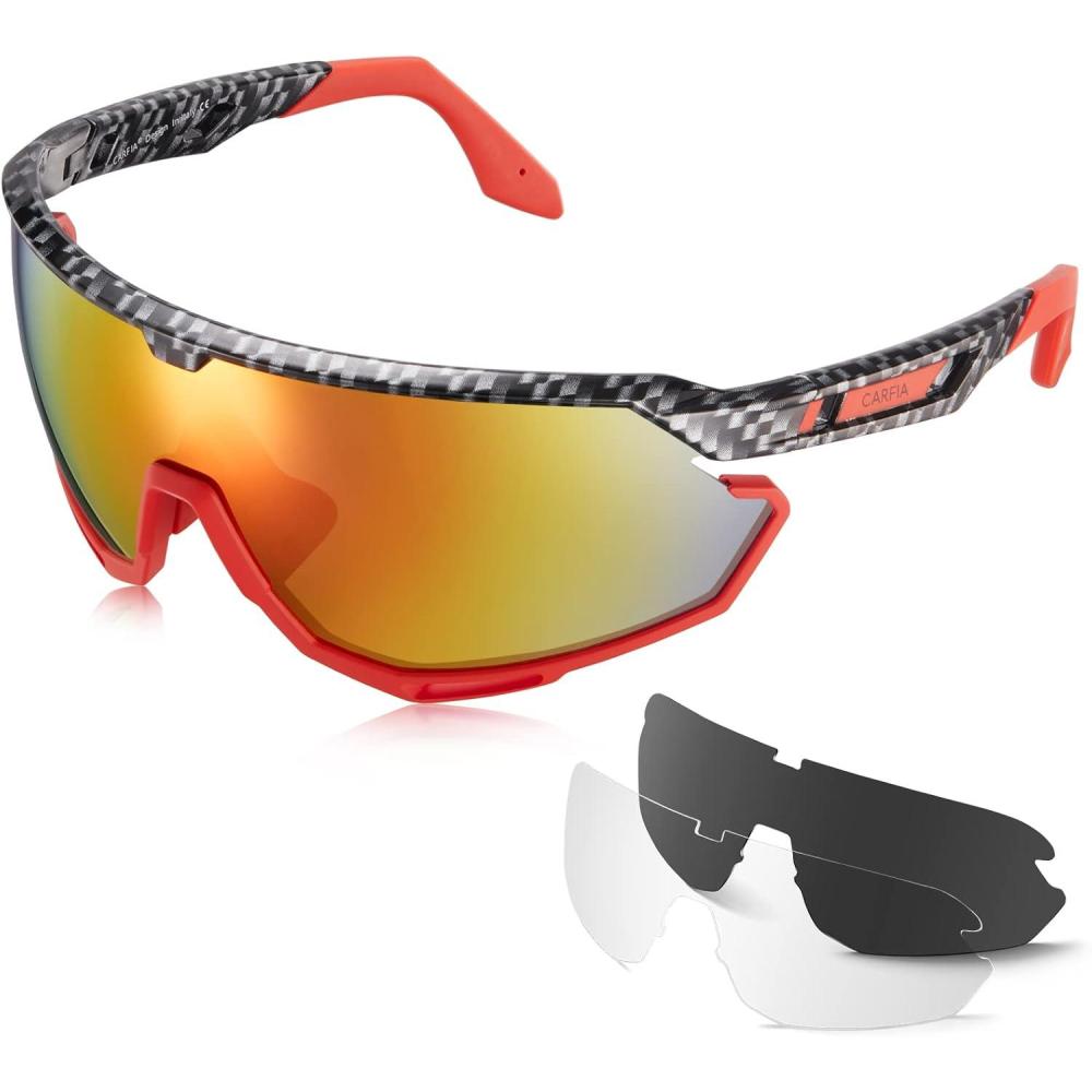 imageCARFIA Polarized Cycling Sunglasses for Men  3 Interchangeable Lenses UV400ShockproofHD Vision CA5390C02  Grey Polarized Lens  Red Mirror  Clear Lens