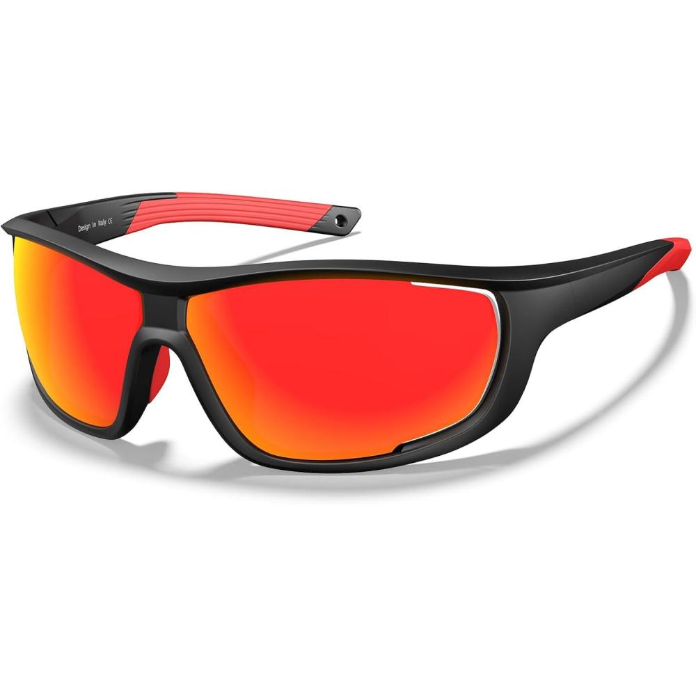 imageCARFIA Polarized Sports Sunglasses for Men Women Unique Lens Sides Vent Glasses for Baseball Running Cycling2 Red Mirrored Black Frame