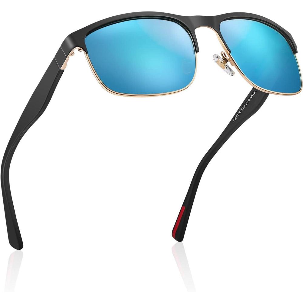 imageCARFIA Retro Polarized Sunglasses for Men UV Protection Fashion Cool Driving Sun Glasses Metal Square Frame CA5376B4 Black Gold Frame Blue Mirror