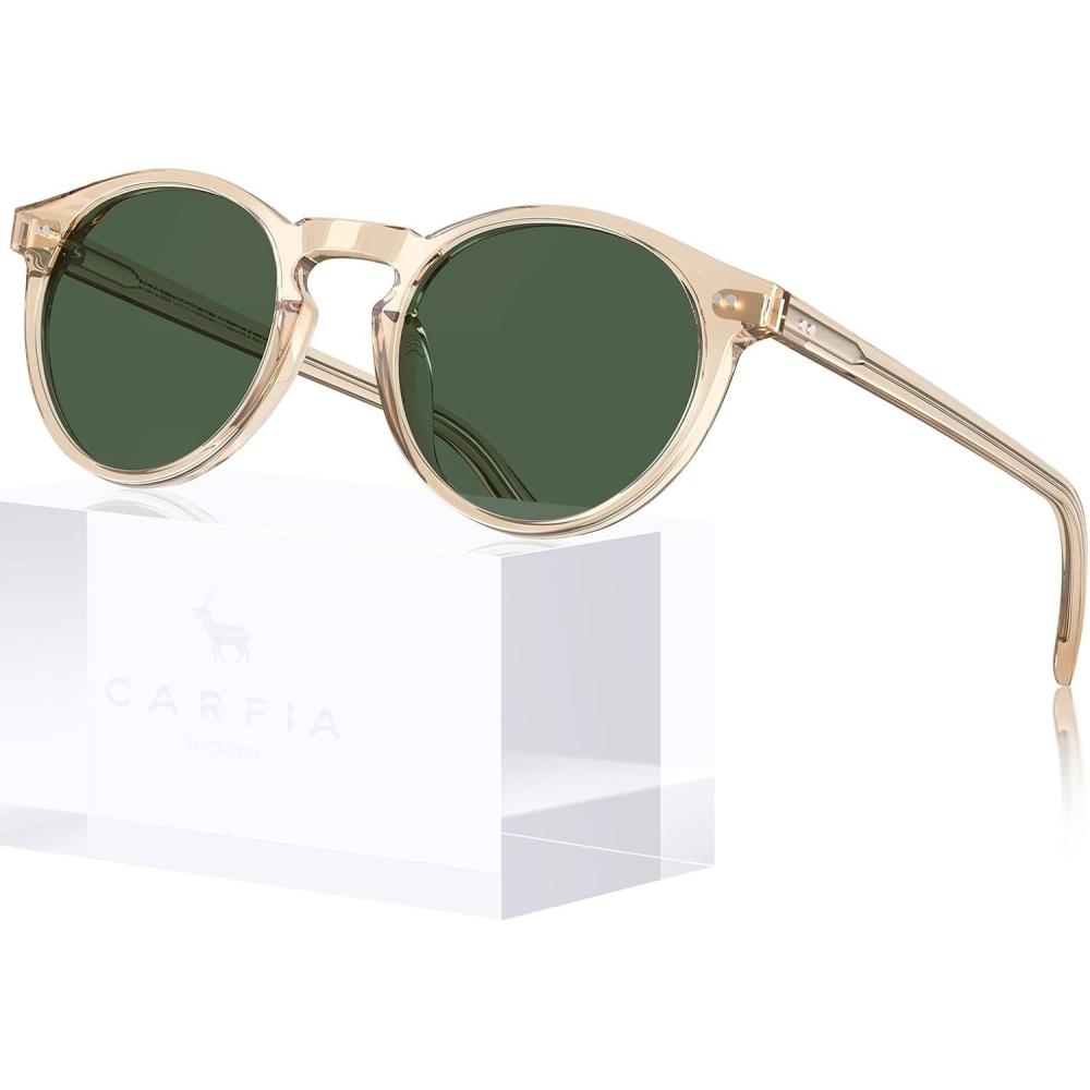imageCARFIA Retro Round Polarized Mens Sunglasses UV Protection Acetate Frame CA5289L12 Light Brown Frame Green Lens