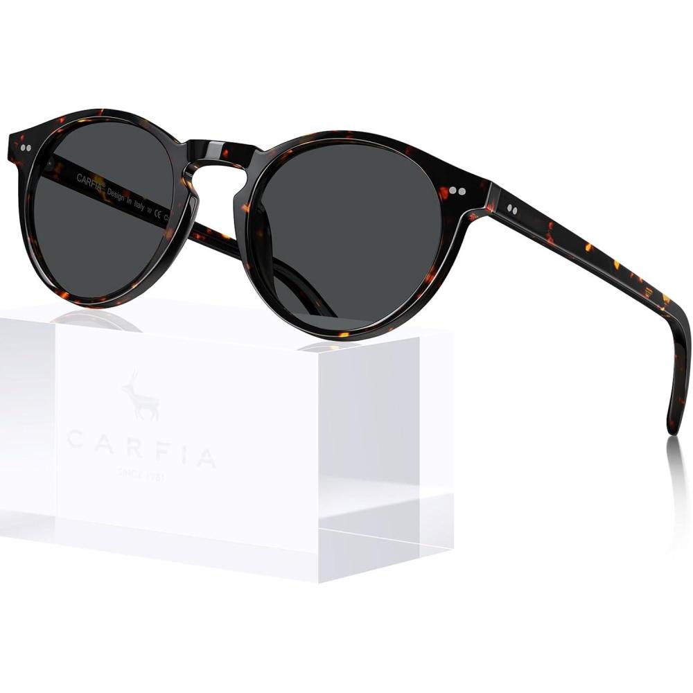 imageCARFIA Retro Round Polarized Mens Sunglasses UV Protection Acetate Frame CA5289L3 Tortoise Frame Grey Lens
