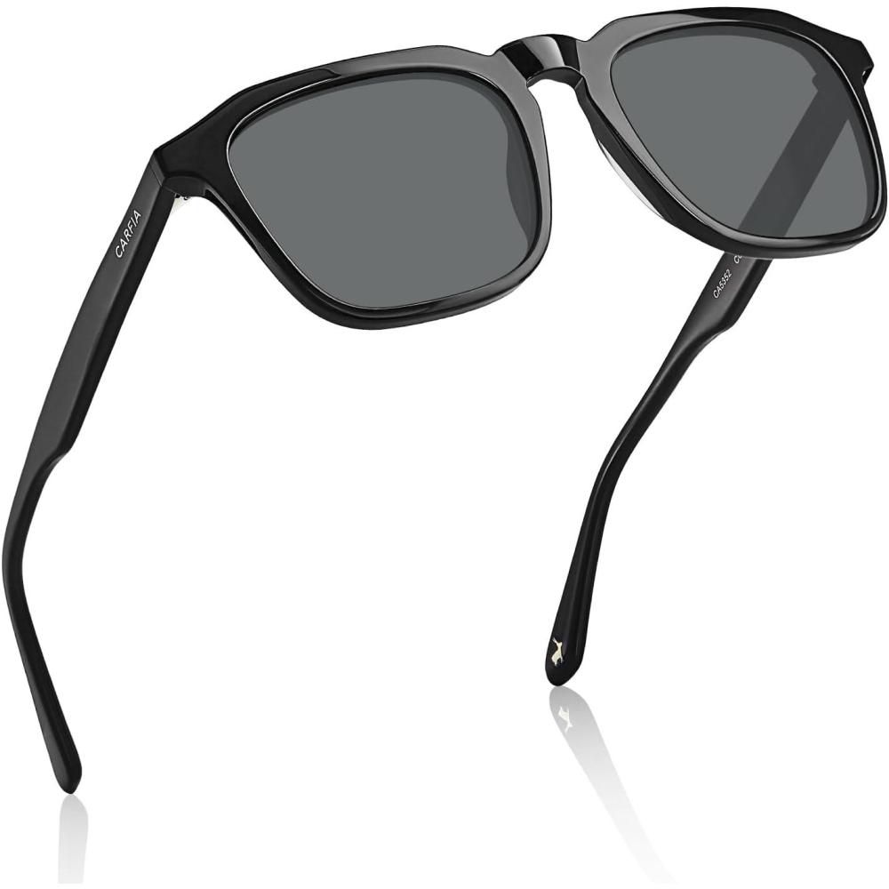 imageCARFIA Square Sunglasses for Men Polarized Retro 60s Design Handcrafted Acetate UV400 Protection Cool Sun Glasses1 Black Frame Grey Lenses