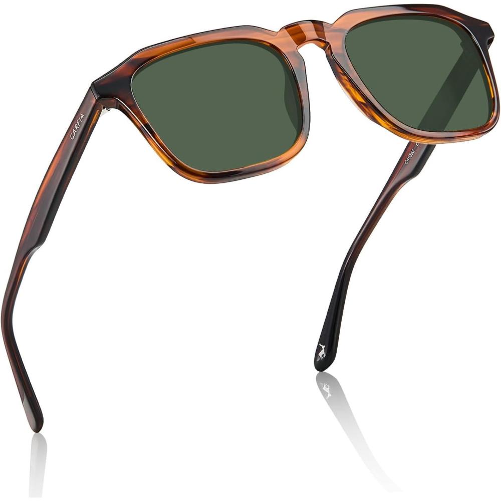 imageCARFIA Square Sunglasses for Men Polarized Retro 60s Design Handcrafted Acetate UV400 Protection Cool Sun Glasses2 Striped Havana Frame Green Lenses