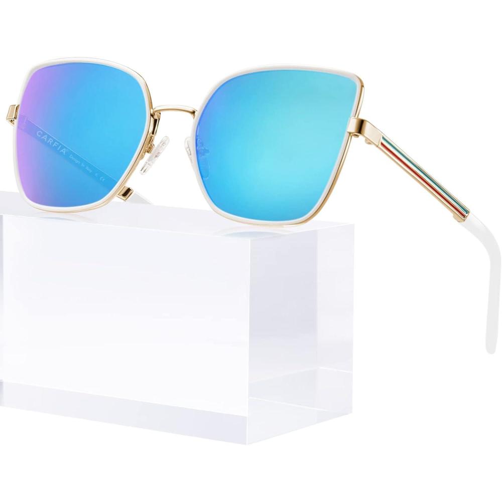 imageCARFIA Trendy Square Metal Sunglasses for Women Polarized UV Sun Protection Nickelfree Plating Frame CA5385White Frame Ice Blue Mirror