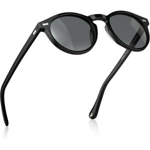 CARFIA Acetate Polarized Sunglasses for Men Retro Classic Round Shades(1. Black Frame Grey Polarized Lens)
