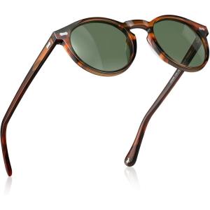 CARFIA Acetate Polarized Sunglasses for Men Retro Classic Round Shades(2. Brown Striped Frame Green Lens)