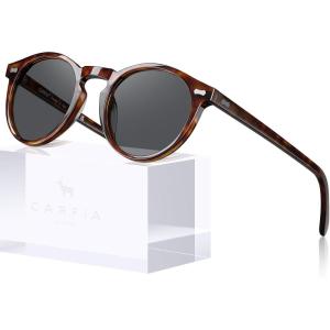 CARFIA Acetate Polarized Sunglasses for Men Retro Classic Round Shades(2. Coffee Tortoise Frame Grey Lens)