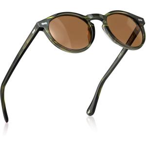 CARFIA Acetate Polarized Sunglasses for Men Retro Classic Round Shades(5. Green Striped Frame Brown Lens)
