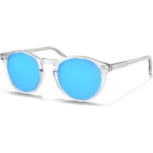 CARFIA Acetate Polarized Sunglasses for Men Retro Classic Round Shades(6. Clear Frame Ice Blue Mirror)