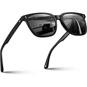 CARFIA Acetate Polarized Sunglasses for Men UV400 Protection Classic Retro Square Shades Driving Glasses(A2. Black Frame Grey Lens)