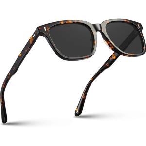 CARFIA Acetate Polarized Sunglasses for Men UV400 Protection Classic Retro Square Shades Driving Glasses(A3. Tortoise Frame Grey Lens)