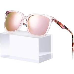 CARFIA Acetate Polarized Sunglasses for Women Big Face Fashion Retro Sunnies CA5505(3. Clear Pink Frame Pink Mirror)