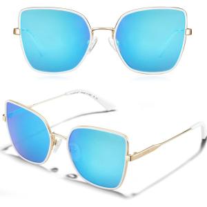 CARFIA Fashion Metal Sunglasses for Women Polarized UV Sun Protection Nickel-free Plating Frame CA5383(White Frame Ice Blue mirror)