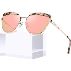 CARFIA Matal Acetate Cateye Polarized Sunglasses for Women UV Protection CA5382(Pink Mirrored Lens)