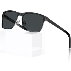 CARFIA Metal Mens Sunglasses Polarized – UV400 Protection Cool Shades with Grid Pattern & Leather Case CA5223(A: Matte Black Frame Gray Lens)
