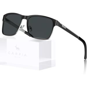 CARFIA Metal Mens Sunglasses Polarized – UV400 Protection Cool Shades with Grid Pattern & Leather Case CA5223(B: Matte Black & Silver Frame Gray Lens)