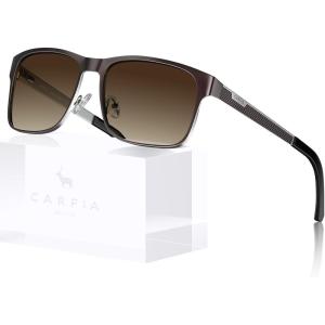 CARFIA Metal Mens Sunglasses Polarized – UV400 Protection Cool Shades with Grid Pattern & Leather Case CA5223(C: Matte Brown Frame Brown Gradient Lens)