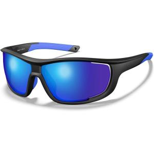 CARFIA Polarized Sports Sunglasses for Men Women Unique Lens Sides Vent Glasses for Baseball Running Cycling(4. Blue Mirrored Black Frame)