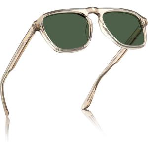 CARFIA Polarized Sunglasses for Men UV400 Protection – Pilot Design Acetate Sun Glasses for Driving Fishing Outdoor CA5355(6. Transparent Light Brown Frame Green Lens)