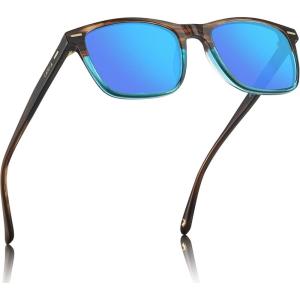 CARFIA Rectangle Polarized Sunglasses for Men UV400 Protection Narrow Face Lightweight Acetate Driving Glasses(3.wood Grain Frame Blue Mirrors)