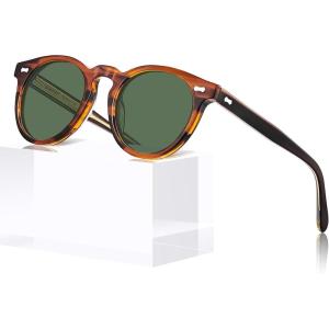 CARFIA Retro Acetate Polarized Sunglasses for Men UV Protection, Vintage Round Frame Eyewear with Gold Filigree CA5506(A: Striped Brown Frame Green Lens)