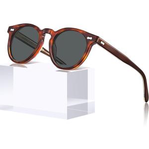 CARFIA Retro Acetate Polarized Sunglasses for Men UV Protection, Vintage Round Frame Eyewear with Gold Filigree CA5506(B: Brown Tortoiseshell Frame Gray Lens)