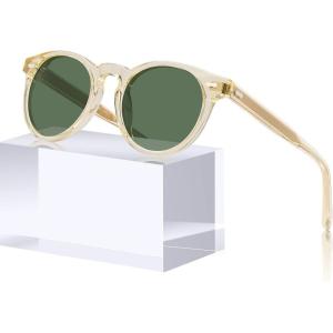 CARFIA Retro Acetate Polarized Sunglasses for Men UV Protection, Vintage Round Frame Eyewear with Gold Filigree CA5506(C: Light Yellow Transparent Frame Green Lens)