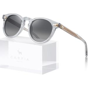 CARFIA Retro Acetate Polarized Sunglasses for Men UV Protection, Vintage Round Frame Eyewear with Gold Filigree CA5506(D: Light Gray Transparent Frame Gray Gradient Lens)
