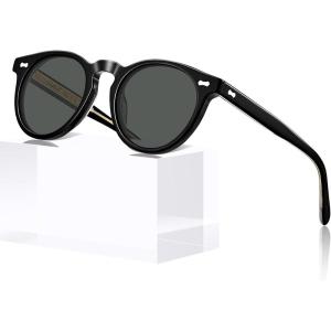 CARFIA Retro Acetate Polarized Sunglasses for Men UV Protection, Vintage Round Frame Eyewear with Gold Filigree CA5506(E: Black Frame Gray Lens)