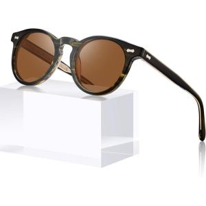 CARFIA Retro Acetate Polarized Sunglasses for Men UV Protection, Vintage Round Frame Eyewear with Gold Filigree CA5506(F: Green Black Swirled Frame Brown Lens)