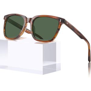 CARFIA Retro Acetate Polarized Sunglasses for Men UV400 Protection Driving Outdoor Anti-Glare Sun Glasses CA5354WS(1. Striped Tea Frame Green Lenses)