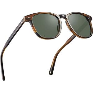 CARFIA Retro Acetate Polarized Sunglasses for Men UV400 Protection Hand-Crafted Frame Sun Glasses CA5285L(2-1. Striped Frame Green Lenses)