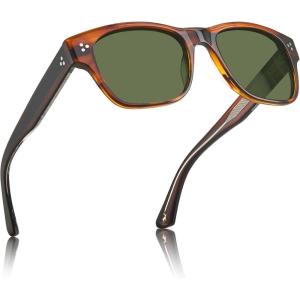 CARFIA Retro Men’s Sunglasses Womens Polarized Thick Acetate Frame, Durable Metal Hinge, Premium Three-Point Rivets Glasses(1-stripe Frame Green Lens)