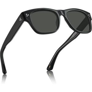 CARFIA Retro Men’s Sunglasses Womens Polarized Thick Acetate Frame, Durable Metal Hinge, Premium Three-Point Rivets Glasses(2-black Frame Grey Lens)