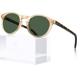 CARFIA Retro Round Polarized Mens Sunglasses UV Protection Acetate Frame CA5289L(1-1. Light Yellow Frame Tortoise Arm Green Lens)