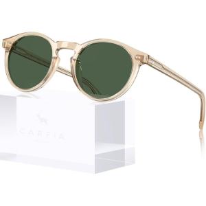 CARFIA Retro Round Polarized Mens Sunglasses UV Protection Acetate Frame CA5289L(1-2. Light Brown Frame Green Lens)