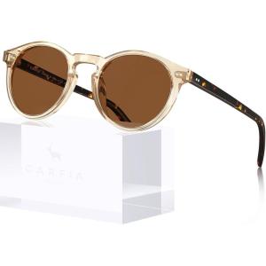 CARFIA Retro Round Polarized Mens Sunglasses UV Protection Acetate Frame CA5289L(1-3. Light Yellow Frame Brown Lens)