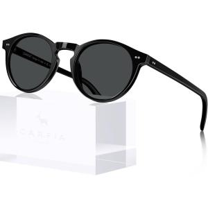 CARFIA Retro Round Polarized Mens Sunglasses UV Protection Acetate Frame CA5289L(4-1. Black Frame Grey Lens)