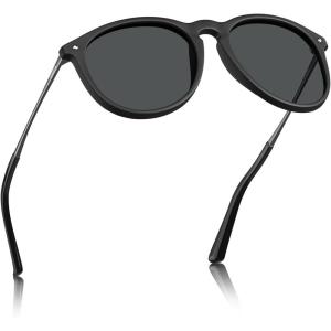 CARFIA Round Sunglasses for Women Polarized UV Protection, Trendy Retro Designer Style CA5100(4. Black Frame Grey Lens)