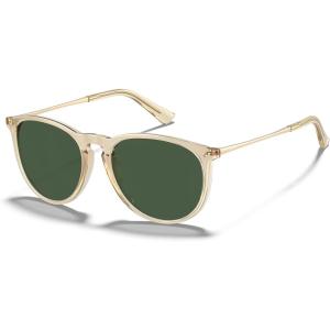 CARFIA Round Sunglasses for Women Polarized UV Protection, Trendy Retro Designer Style CA5100(5. Light Yellow Frame Green Lens)