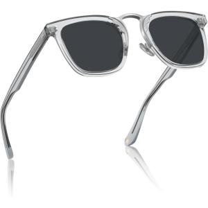 CARFIA Square Acetate Polarized Sunglasses for Men UV Protection Retro Style CA5107(1. Clear Frame Grey Lens)
