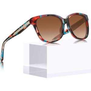 CARFIA Square Polarized Sunglasses for Women UV Protection, Italian Design Retro Embossed Pattern Wire Core Driving Shades(3. Red Stripe Frame Brown Lens)
