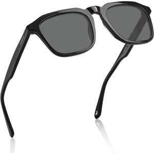 CARFIA Square Sunglasses for Men Polarized Retro 60s Design, Hand-crafted Acetate, UV400 Protection Cool Sun Glasses(1. Black Frame Grey Lenses)