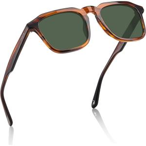 CARFIA Square Sunglasses for Men Polarized Retro 60s Design, Hand-crafted Acetate, UV400 Protection Cool Sun Glasses(2. Striped Havana Frame Green Lenses)
